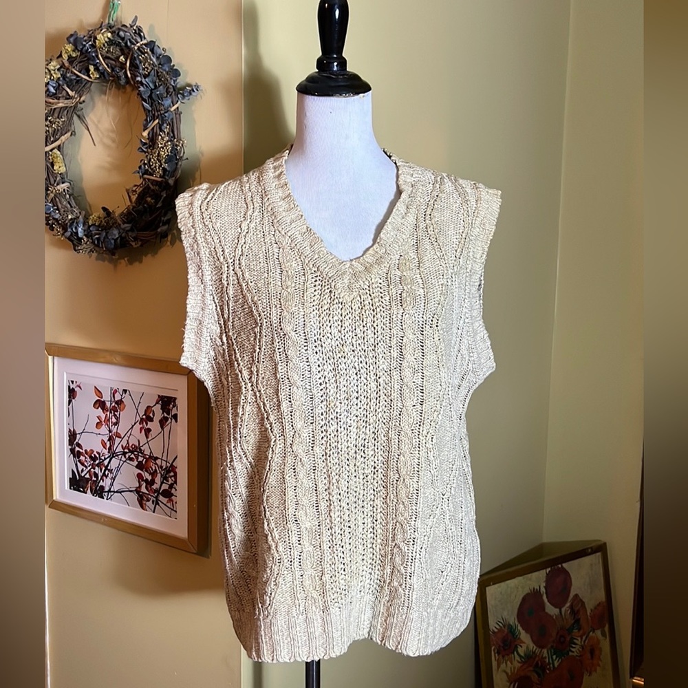 Vintage 80s BANANA REPUBLIC Size Medium Classic Cableknit Vest Linen & Cotton